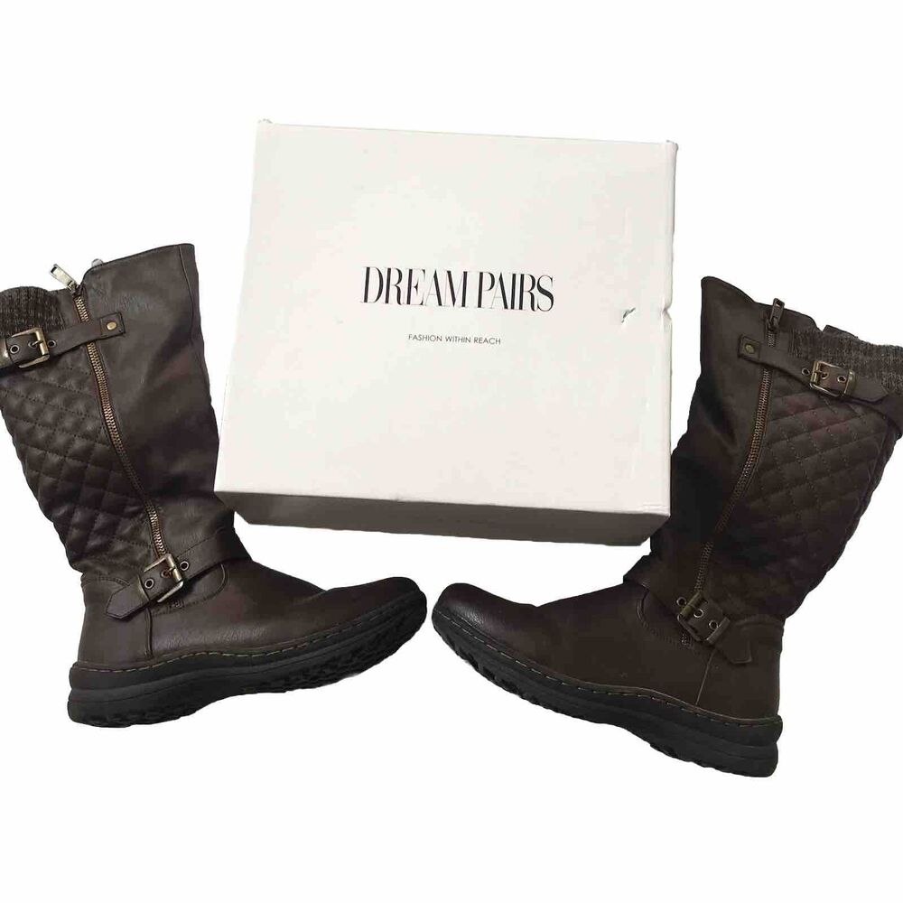 Dream Pairs Womens Size 7.5 Faux Fur Knee High Quilted Boots Urva-1 Brown Buckle